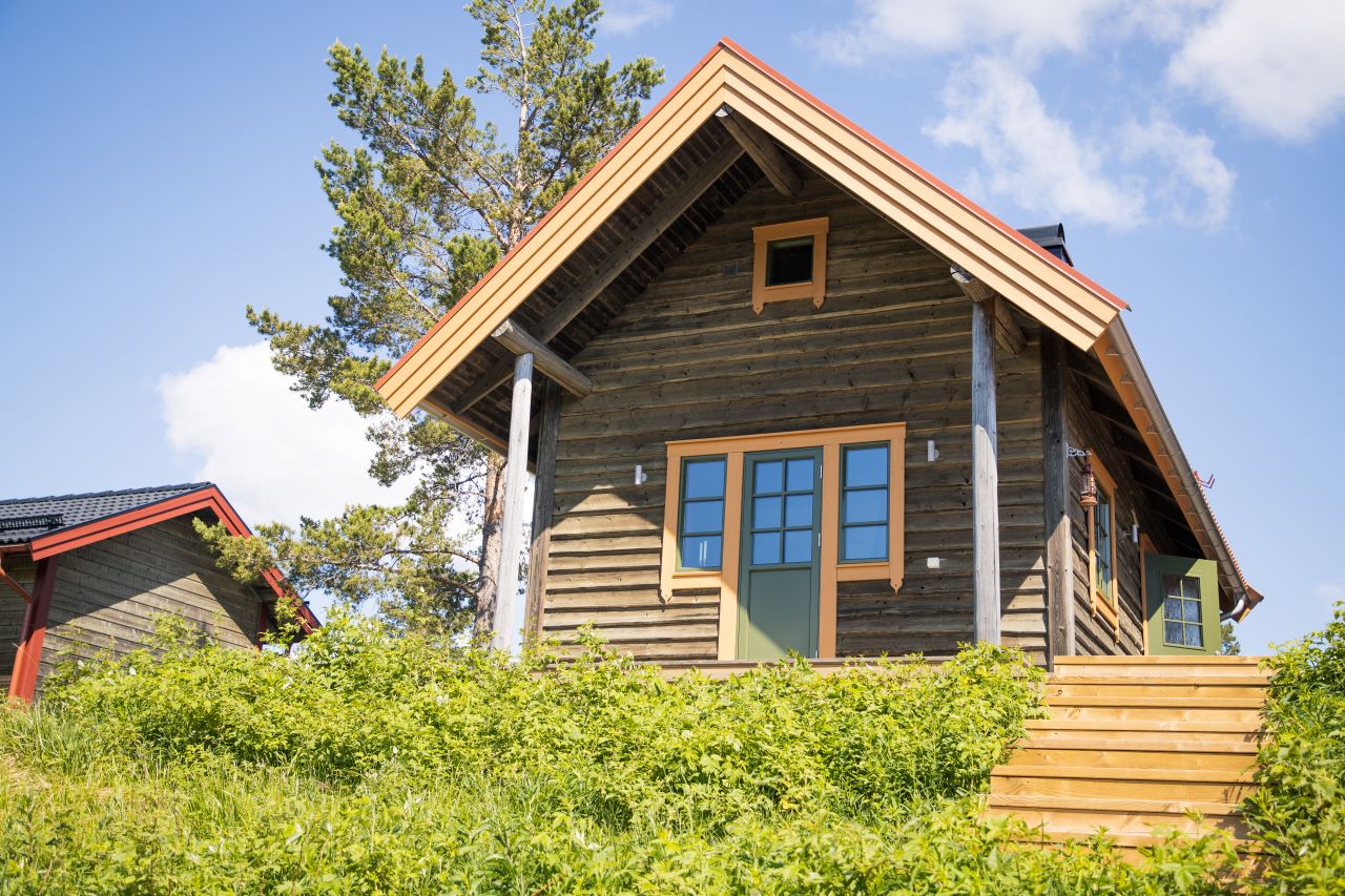 Trästuga med trappa upp till entrén och grön vegetation runt omkring.