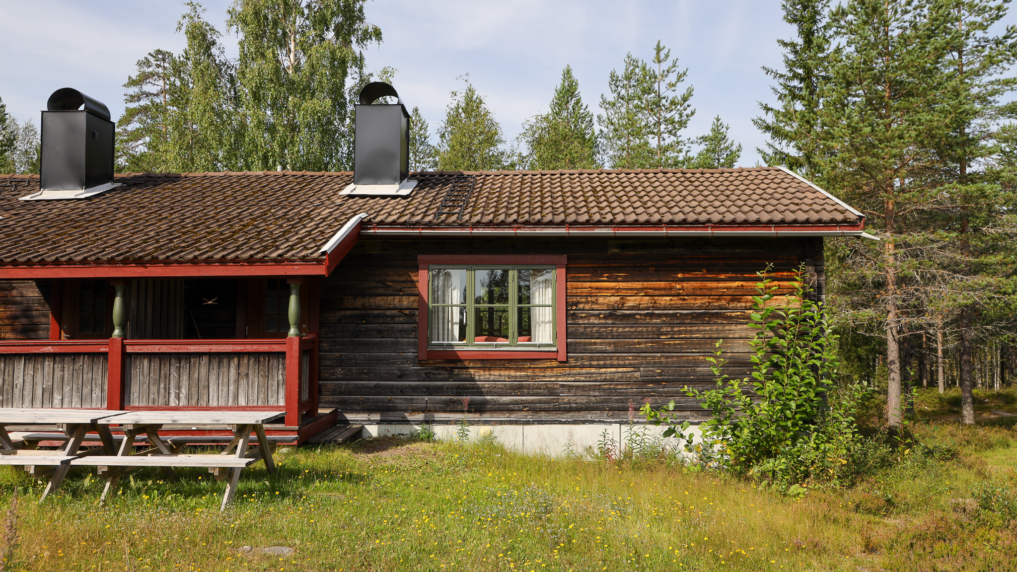 Mörk trästuga med veranda, omgiven av skog och grönska. Mörk trästuga med veranda, omgiven av skog och grönska.